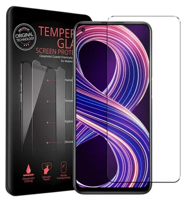 A product packaging for a screen protector for a Realme 8 5G phone, with the phone and screen protector shown.