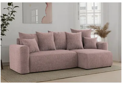 Produktbild von MEBLINI Schlafcouch mit Bettkasten - 238x142x73cm - Altrosa Cordstoff - DAVE - Kleines Ecksofa mit Schlaffunktion - Sofa mit Relaxfunktion und Kissen - Kleine Couch L-Form - Eckcouch