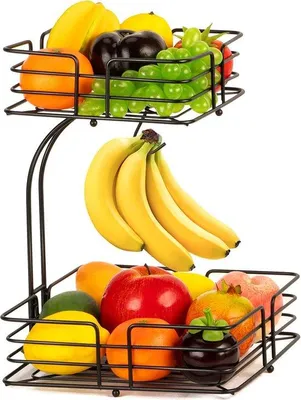 Imagen del producto de Cesta cuadrada de 2 niveles Unyqoos® para frutas, con soporte para plátanos, hecha de metal, ideal para colocar en superficies, color . Perfecta para almacenar frutas y verduras