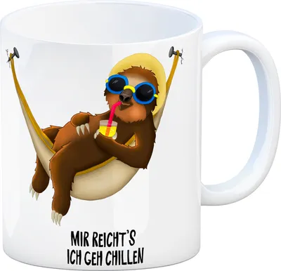 Produktbild von Kaffeebecher mit Faultier in Hängematte Motiv und Spruch: Mir reicht's ich geh