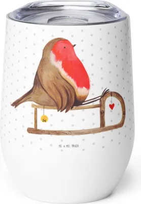 Produktbild von Mr. & Mrs. Panda Thermo Becher Rotkehlchen Schlitten - Weiß - Geschenk, Weihnachten, Vogel, Thermobecher, kaffee tasse, Isolierbecher, glühweinbecher, thermosbecher