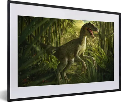 Produktbild von MuchoWow® Gerahmtes Poster Dinosaurier - Pflanzen - Grün - Illustration - Kinder - Jungen 60x40 cm - Poster mit Schwarzem Bilderrahmen Wandposter Rahmen Foto Bilder - Schlafzimmer - Plakat in Rahmen - Drucken