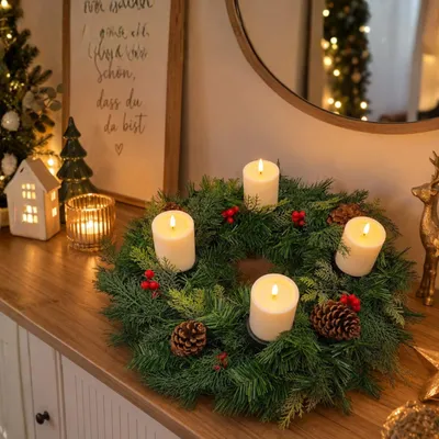 Kunstadventskranz Ø 60 cm, 4 LED-Kerzen, Flackereffekt
