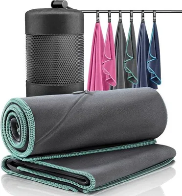 Produktbild von Famanu Mikrofaser-Handtuch Set – 2-teilig mit Aufbewahrungstasche – Badhandtuch & Handtuch