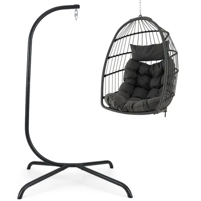 Produktbild von COSTWAY Hängesesselgestell mit Hängeschaukel, faltbarer Hängekorb inkl. Hängezubehör & weiches Kissen, Hängesessel Hängestuhlgestell Metall bis 180kg