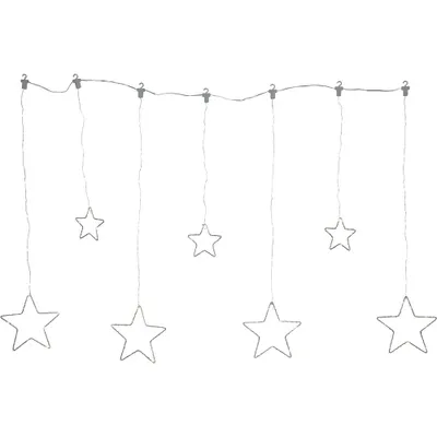 A string of star-shaped lights hanging from a wire.
