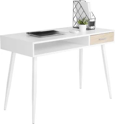 Produktbild von WOLTU Schreibtisch Holz-Stahl, Weiß, 110x50x75cm (BxTxH), 1 Schublade, 1 offenes Fach, wasserdicht