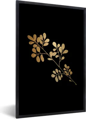 Produktbild von MuchoWow® MuchoWow® Gerahmtes Poster Blätter - Zweig - Gold 20x30 cm - Poster mit zchwarzem Bilderrahmen - Drucken - Bilder Poster im Rahmen