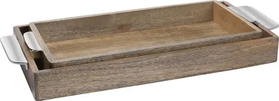 Image de Marrakech 3et 2et Boho Deko Plateau de service carré en bois 45 & 40 cm | Plateau de service Kahide comme décoration de table pour la cuisine & le salon | Plateau de petit déjeuner vintage avec poignées en aluminium