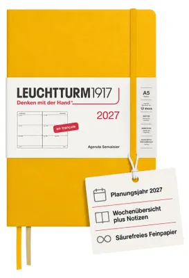 Image de Calendrier hebdomadaire 2027 LEUCHTTURM1917, format moyen (A5), en français, motif tournesol, couverture rigide