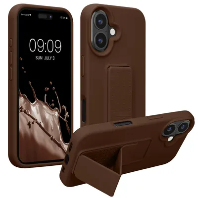 Produktbild von kwmobile Handyhülle für Apple iPhone 16 Hülle - TPU Silikon Case mit Fingerhalter und Stand - Schutzhülle Cover in Chocolate