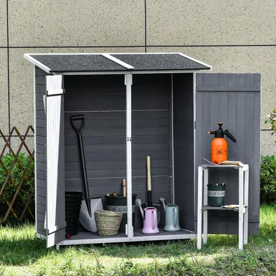 Image de Abri de jardin, abri de jardin en bois de sapin avec 2 portes, toit en bitume, armoire de jardin Outsunny, 139 x 75 x 160 cm, gris