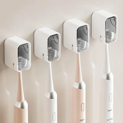 Immagine prodotto di Porta spazzolini da denti da parete, con coperchio, adesivo, grigio, confezione da 4 pezzi