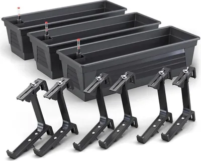 Produktbild von Plastard Blumenkasten 3er Set 100 cm lang mit Hydroeinsatz Wasserstandsanzeiger und Balkonhalterung Pflanzkasten Farbe Anthrazit