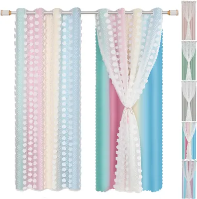 Image de Rideaux double couche œillets Rideau de fenêtre 2pcs Ombre Pompom Rideau occultant Tulle Rideaux chambre enfants, 132x243cm