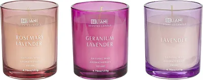 Produktbild von BELIANI Duftkerze 3er Set Mehrfarbig Sojawachs mit Baumwolldocht im Glas Duftnoten: Rosmarin Geranium Lavendel Geschenkset