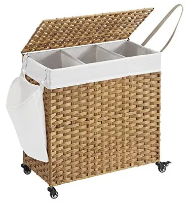 Immagine prodotto di Cesto portabiancheria da 140 litri in stile rattan con coperchio, rivestimento interno e manici