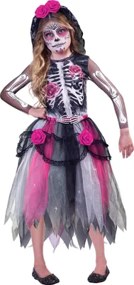 La Catrina Kostüm Skelett Kleid und Haarreif mit Schleier für Kinder von Vorne