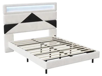 Produktbild von Polsterbett 160x200 cm - Doppelbett - LED Beleuchtung mit USB Anschluss - Bettgestell mit Lattenrost - Samt - Weiß