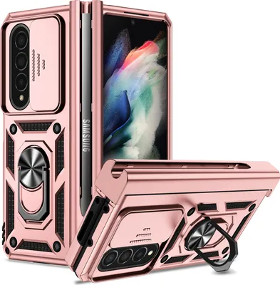 Produktbild von Galaxy Z Fold4 Hülle mit Schiebe Kamera Schutz und Ringhalter Ständer Robust Rüstung Schutzhülle für Samsung Galaxy Z Fold 4 5G Rosa