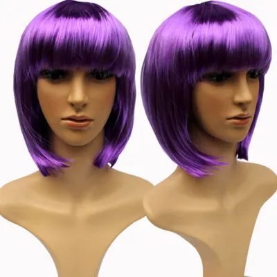 Produktbild von Perücke 30cm Kurzhaar Glatt Pony Bubikopf Karneval Kostüm Fasching Babe Party Cosplay Lila
