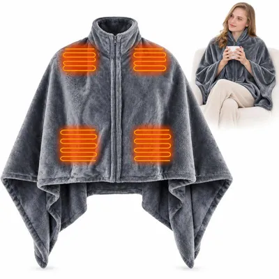 Produktbild von Beheizbarer Wärmecape, USB Heizdecke als Wärmedecke und Heizponcho, 3 Heizstufen, 150 x 80 cm, Grau, Powerbank nicht enthalten