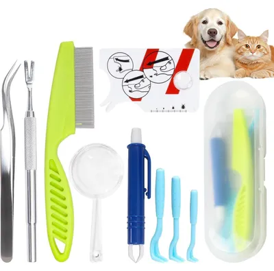 Image de Kit de retrait de tiques pour chiens, chats et humains | 8 pièces | comprenant une loupe, une carte à tiques, un crochet, une pince, une pince à épiler