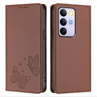 Image de Étui en cuir pour Realme C85 5G, étui de protection type portefeuille en cuir gaufré « papillon » avec support, marron