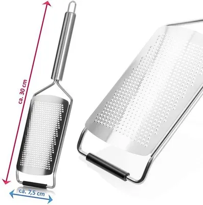 Produktbild von Unyqoos® Feine Küchenreibe aus Edelstahl – flache Gewürz- & Gemüsereibe, ergonomischer Griff, spülmaschinenfest, Schutzkappe & Aufhängeöse