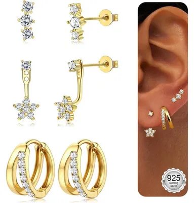 Immagine prodotto di 3 paia di orecchini in argento/oro, per donne e ragazze. Monili in oro 14 carati, pendenti a cerchio in argento 925, adatti per più piercing e da indossare insieme