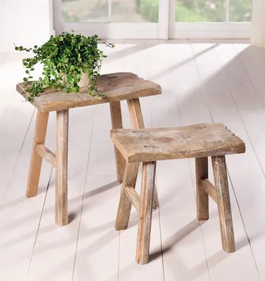 Produktbild von 2 Holz-Hocker "Rustikal" im Antik Stil, Blumenständer, Blumenhocker, Gartendeko, Sitzhocker, Fußhocker