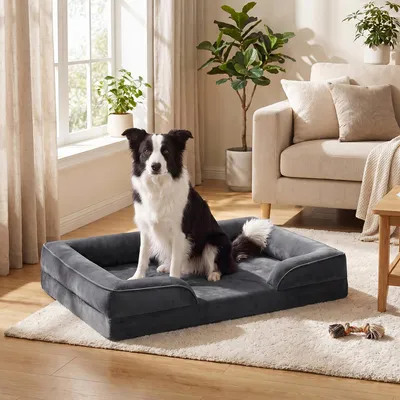 Produktbild von FEANDREA Orthopädisches Hundebett XL, abnehmbarer Bezug, erhöhte Ränder, rutschfest, waschbar, Haustierbett, dunkelgrau