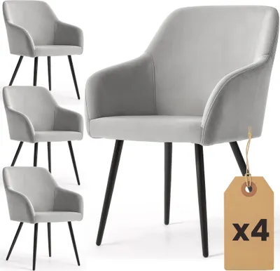Produktbild von 4er Set Glatte Velours Esszimmerstühle ESTELLE Grau mit schwarzen Beinen