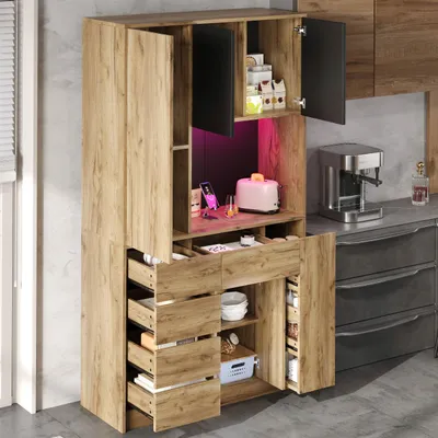 Image de OKWISH Buffet Haut - Meuble de Cuisine avec LED, Tiroirs et Étagères Réglables, Prise Électrique et Étagère à Épices Coulissante, MDF - Noir + Naturel - 105 x 40 x 185 cm