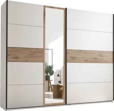 Produktbild von Schwebetürenschrank >Leo< 3 Böden, 3 Stangen, Viking Oak hell / Weiß - 270,1x225,5x59,6 (BxHxT)
