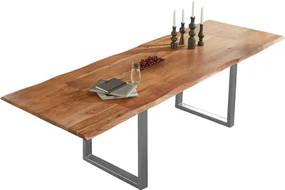 Produktbild von SAM® Esstisch Baumkante Akazie natur 180(280)x90 Ansteckplatten silber ADINA