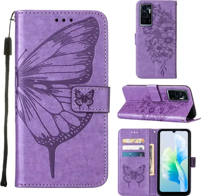 Immagine prodotto di VIVO S10E 5G Case, Farfalla Rilievo Flip Custodia in pelle con tasca per schede e stand per VIVO S10E 5G / V23E 4 5G / Y75 4G Viola