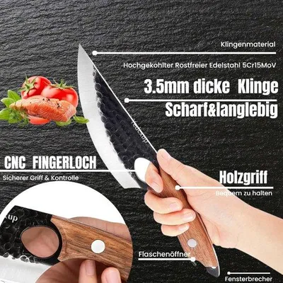 Produktbild von Küchenmesser 15 cm - Professionelles Kochmesser aus Edelstahl - Schneidemesser für Fleisch, Gemüse und Obst - Rutschfester Griff mit Lederscheide - Perfekt für die Küche