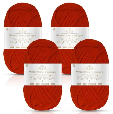 Immagine prodotto di Filato chenille, super grosso, 4 gomitoli da 100g, poliestere, colore rosso, spessore 7 mm, adatti a ferri da 6-9 mm