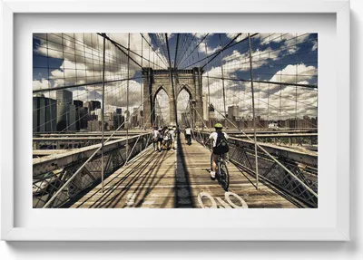 Produktbild von Blick auf die Brooklyn Bridge in New York– Wandbild mit Rahmen – Gerahmtes Bild  – Wanddekoration – 60x40 cm –  Schwarz Rahmen