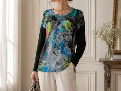 Produktbild von 148452 Passport Damen Seidenbluse bunt Gr. 38 mit langem Arm – 100% Seide, edel & leicht