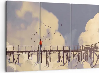 Produktbild von Bild auf Leinwand - Leinwandbild - Wolken Brücke Vögel Landschaft - 105x70cm - Wand Bild - Wanddeko - Leinwanddruck - Bilder - Kunstdruck - Wanddekoration - Leinwand bilder - Wandkunst - CE105x70-3200