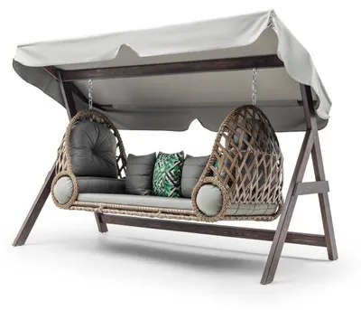 Image de Balancelle de jardin Fauteuil suspendu en bois de pin et polyester gris largeur 263 cm 3 places