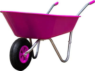 A pink wheelbarrow on a white background.