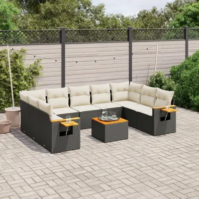 Produktbild von Design 10-tlg. Garten-Sofagarnitur mit Kissen Schwarz Poly Rattan, Gartenmöbel-Sets 2024 Neu
