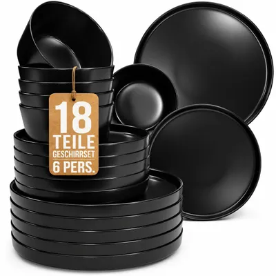 Produktbild von Geschirrset Tafelgeschirr Steingut - Matt Schwarz - 18-teilig für 6 Personen - Flache Teller, Frühstücksteller, Müslischalen