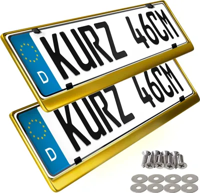 Produktbild von 2 kurze Kennzeichenhalter Edelstahl poliert - in gold - kurz 46x11cm Kennzeichen Halter