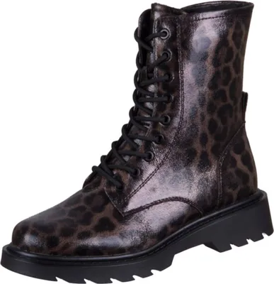 A single brown and black leopard print lace-up boot is shown against a white background.