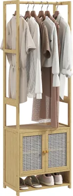 Image de Portemanteau en bambou - Meuble d'entrée - Avec armoire à chaussures - Tringle à vêtements - Étagère réglable - Dimensions 53 x 31 x 168 cm - Bois naturel