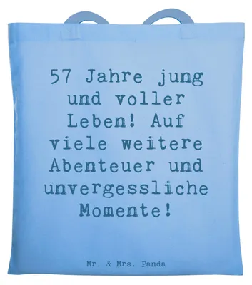 Produktbild von Mr. & Mrs. Panda Tote Bag Spruch 57. Geburtstag Jubel - Sky Blue - Geschenk, unvergessliche Momente, Happy Birthday, Glückwunsch, Schultasche, Uni Tasche, Jubiläum